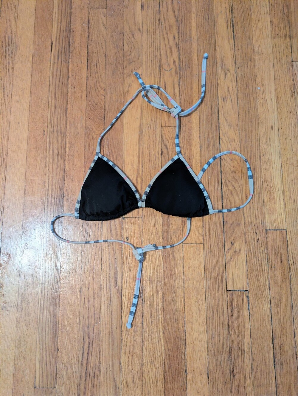 Authentic Burberry Check Trim Triangle Bikini Top Black Size Small